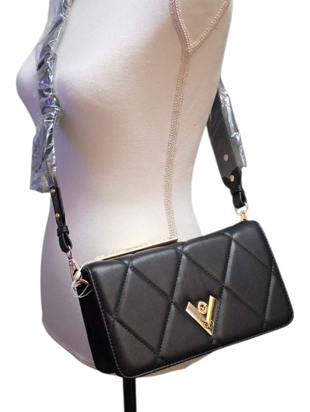 Valentino Orlandi Black Quilted Crossbody Bag With Gold Hardware